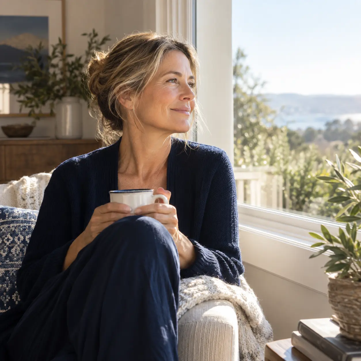 A woman enjoying a quiet morning by a sunlit window